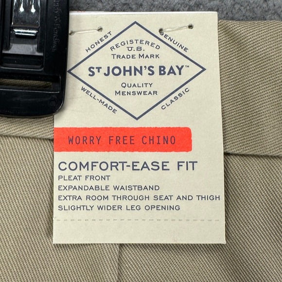 St. Johns Bay Worry Free Chino Pants Mens 44X29 Tan Comfort Ease Fit Pleated NEW